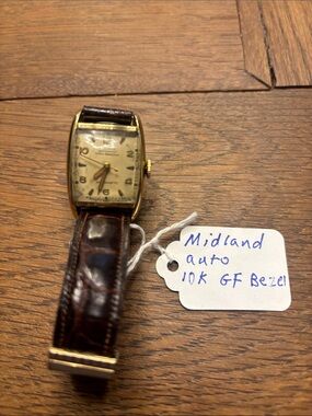 Vintage Midland Gold-Tone Automatic Watch with Brown Leather Strap